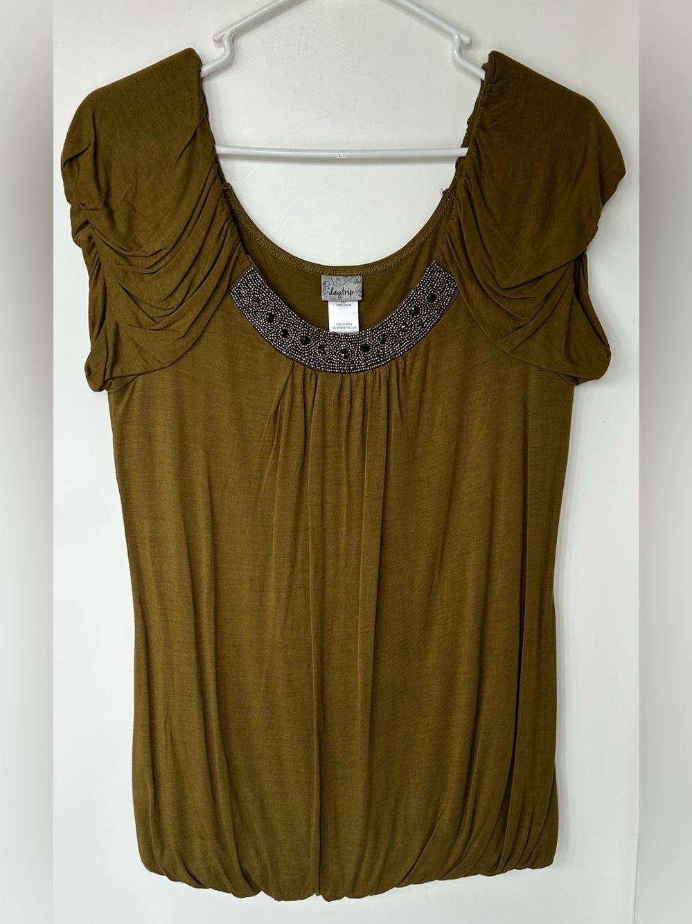 DayTrip Olive Green Beaded Scoop Neck Women's Top